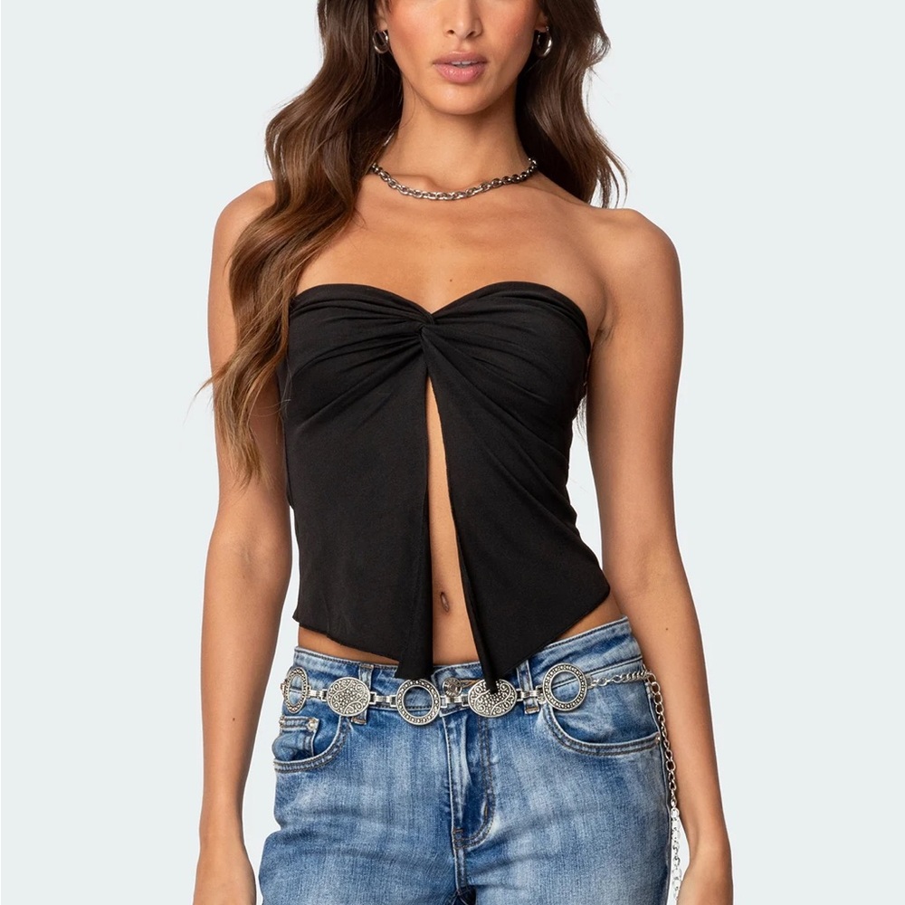 WORN ONCE Editked Twisted Split Front Tube Top Black Strapless Women Extra Small